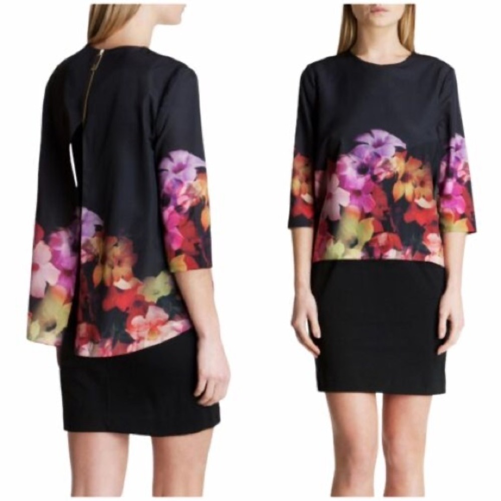 Ted Baker Cadie Cascading Black Pink Floral Layered  Tunic Dress Size 0 (XS)